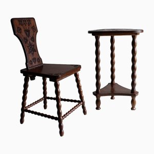 Carved Wood Bobbin Chair and Table Set, 1960s, Set of 2