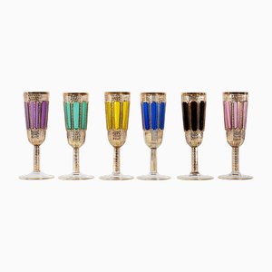 Copas de champán bohemias de vidrio dorado hechas a mano de Moser. Juego de 6