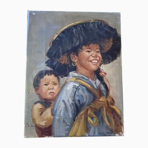 Porträt asiatischer Kinder, 1950er, Öl auf Leinwand
