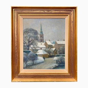 Fi Bagger, View of the Church of Our Saviour on Christianshavn in Winter, Oil on Board, 1950s, Framed