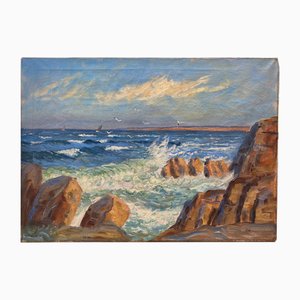 École d'Artiste, Danemark, Stormy Seas and Crashing Waves, 1950s-1960s, Huile sur Toile