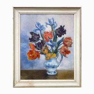 Mollie Cordingley, Tulips and Iris in a Blue/White Jug, 1960s, Oil Painting, Framed