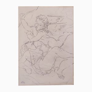 Henri Fehr, Jeune femme et Cupidon, Crayon sur Papier Calque
