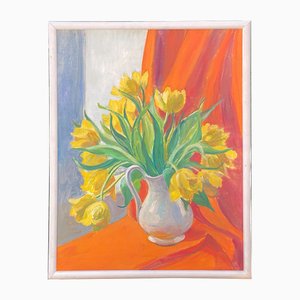Still Life Tulips in Vase, Oil on Canvas, Mid 20th Century, Framed