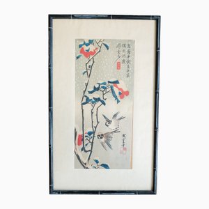 After Utagawa Hiroshige, Japanese Ukiyo-E Sparrows, 1920s, Woodblock Print, Framed