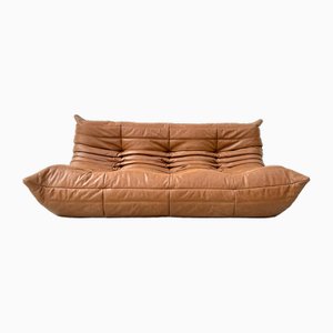 Vintage Togo 3-Sitzer Sofa aus Cognacfarbenem Leder von Michel Ducaroy für Ligne Roset