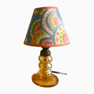 Small Portuguese Iridescent Glass Table Lamp with Handmade Lamp Shade, 1960s