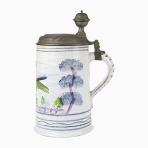 Antique Beer Mug Painted with Nature Theme, 19th Century