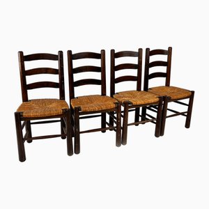 French Pine and Rush Dining Chairs, 1960s, Set of 4