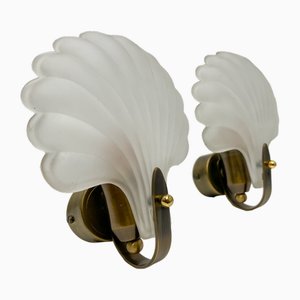 Shell Wall Lamps in Brass and Glass from Deknudt, 1970s, Set of 2