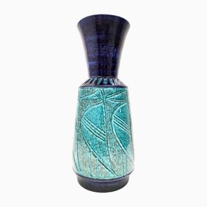 Vaso postmoderno in ceramica blu e verde acqua nello stile di Bitossi, anni '60