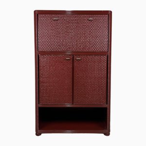 Highboard Cabinet in Wicker and Red Lacquered Wood, 1970s