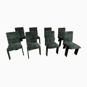 Dining Chairs in Glossy Black Lacquered Wood and Petrol Colored Velvet attributed to Tisettanta, 1970s, Set of 8