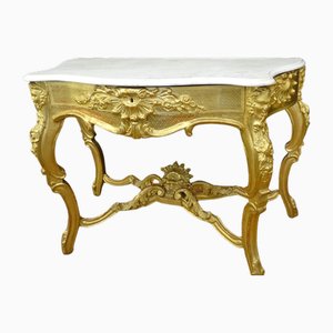 19th Century Louis XV Napoleon III Console in Carved and Gilt Wood and Marble, France