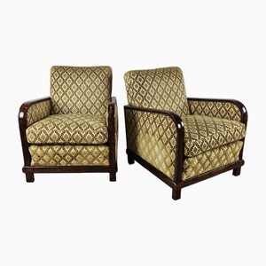 Art Deco Walnut Armchairs Upholstered in Floral Fabric, 1930, Set of 2