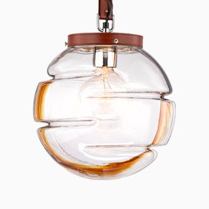 Italian Globe Pendant Lamp in Murano Glass and Leather by Ludovico Diaz De Sentillana for Targetti, 1960s
