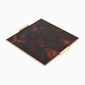 Tortoiseshell Acrylic and Brass Square Serving Tray by Christian Dior, Italy, 1970s