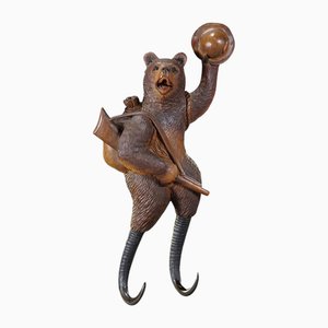 Black Forest Carved Coat Hook with Bear Poacher, 1900s