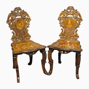 Walnut Edelweis Marquetry Chairs, Swiss, Brienz, 1900s, Set of 2