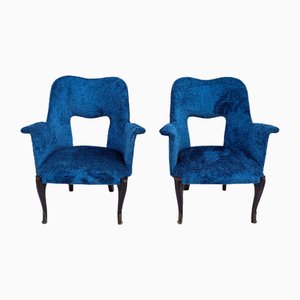 Set of Wood and Bouclé Armchairs, 1950s