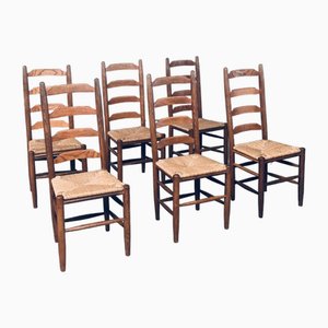 Rustic Ladder Back Oak & Rush Dining Chairs, Belgium, 1960s, Set of 6