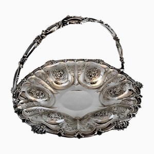 Victorian Chiseled and Engraved Sterling Silver Basket with Handle, 1870s