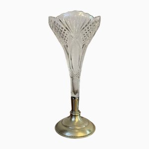 Vase Édouardien Antique en Verre Taillé et Plaqué Argent, 1900