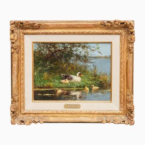 Constant Artz, Duck with Ducklings on a Riverbank, 1920s, Oil Painting, Framed