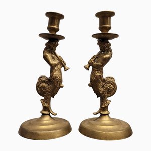 20th Century Bronze Candleholders Tritons, France, Set of 2