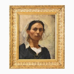 Portrait de Jeune Fille Bretonne, Peinture à l'Huile sur Toile, 19ème Siècle, Encadrée