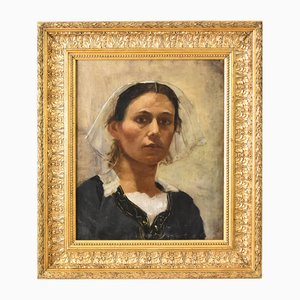 Portrait of Young Breton Girl, Oil Painting on Canvas, 19th Century, Framed
