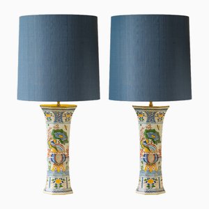 Große Chinesische Tischlampen mit Blauen Lampenschirmen aus Thai Seide von Delft Boch Frères Keramis, 2er Set