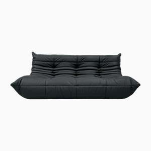 French Togo 3-Seater Sofa in Matt Black Leather by Michel Ducaroy for Ligne Roset
