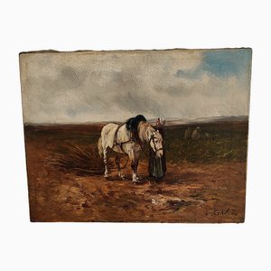 Léon Georges Calves, Femme au champ préparant un cheval de trait, Oil on Canvas