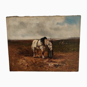 Léon Georges Calves, Femme au champ préparant un cheval de trait, Óleo sobre lienzo