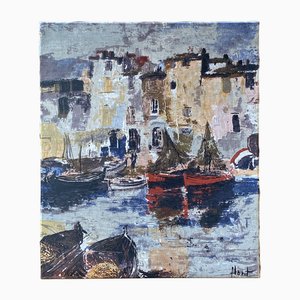 Florit, Boats in Spanish Harbor, Print on Canvas, 1960
