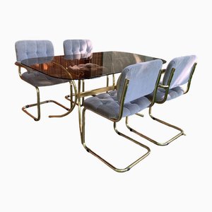 Vintage Italian Dining Chairs and Table in Brass, 1970s, Set of 5