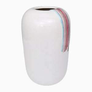Postmodern White Ceramic Vase with Hand Painted Details by Ambrogio Pozzi, Italy