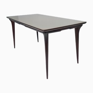 Vintage Ebonized Beech Dining Table with Taupe Glass Top, Italy, 1950s