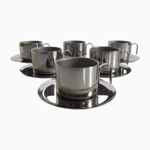 Stainless Steel Cups with Saucers, Guido Bergna, Italy, 1970s, Set of 12