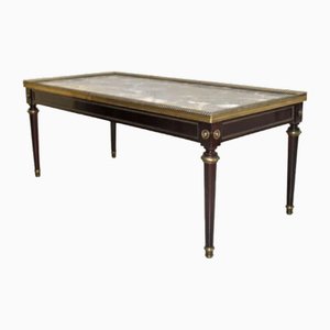 Antique Mahogany Coffee Table with Bronze Edges and Veined Black and White Marble Top, 19th Century
