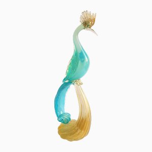 Large Blue Opaline Murano Glass Bird with Gold Leaf by Alfredo Barbini, 1953