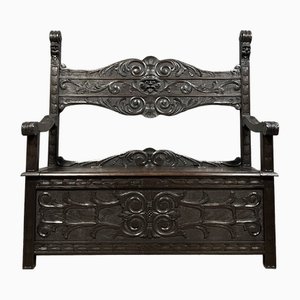 Renaissance Italian Wood Chest Bench Decorated with Grimacing Masks