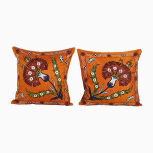 Square Embroidery Silk on Silk Suzani Cushion Covers, 2010s, Set of 2