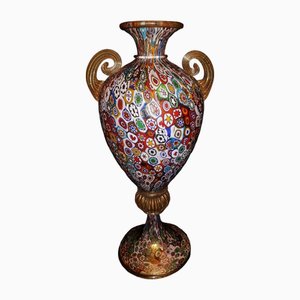 Grand Vase Millefiore en Verre de Murano avec Feuilles Dorées par Gambaro E Poggi, 1970s