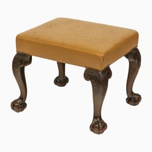 Edwardian Mahogany & Leather Stool Seat on Claw & Ball Legs, 1890s