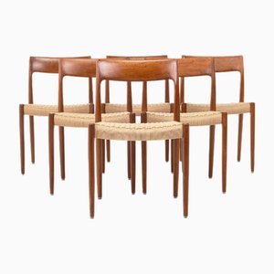 Model 77 Dining Chairs in Teak and Paper Cord by Niels O. Møller for J.L. Møllers, 1960s, Set of 6