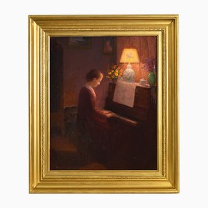 Henri-Charles Angéniol, Young Woman Playing the Piano, Oil on Canvas, 20th Century, Framed