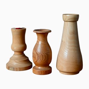 Vases et Bougeoirs Bohemian en Bois Tourné, 1970s, Set de 3