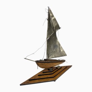 Art Deco Wooden and Silver Sailing Boat, 1930s